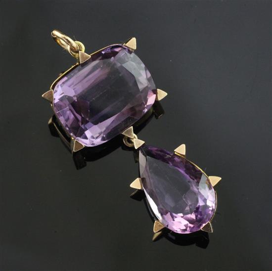 A 9ct gold and amethyst drop pendant, overall 2in.